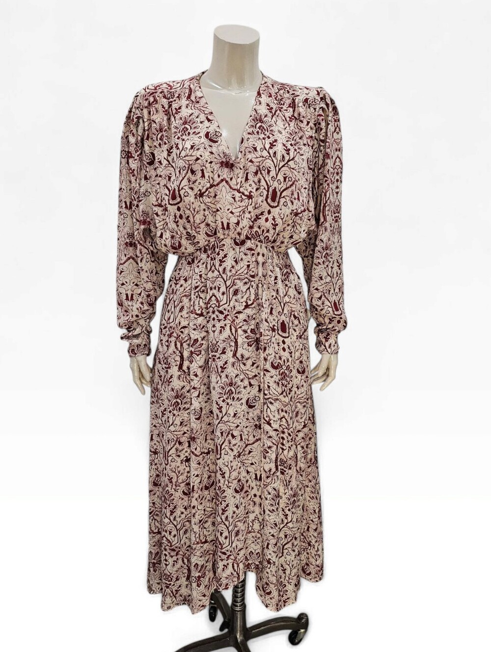 MARIA CHER Silk Cream Maroon Floral Boho Long Faux Wrap Dress XS